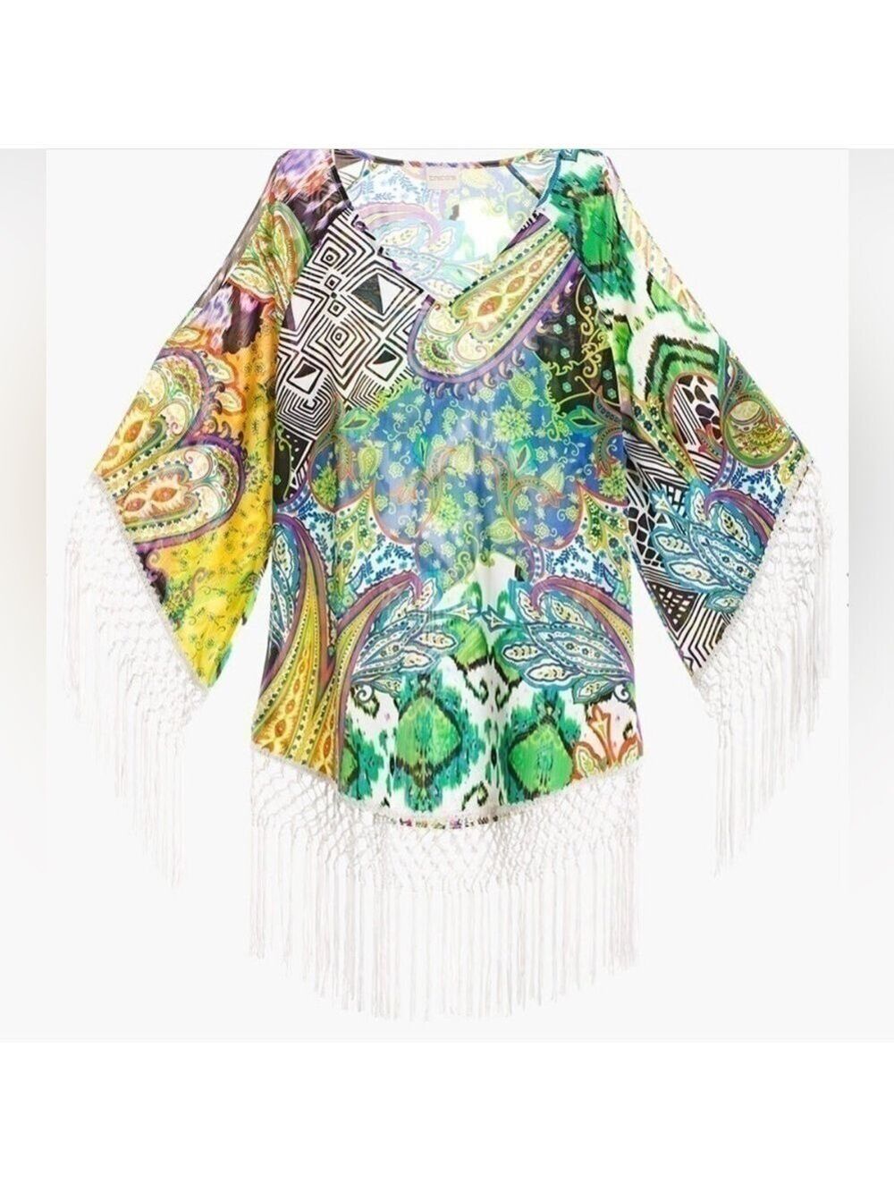 Women’s Chico’s Retro Paisley Fringe Boho Tunic Size 1 US! - Picture 2 of 9